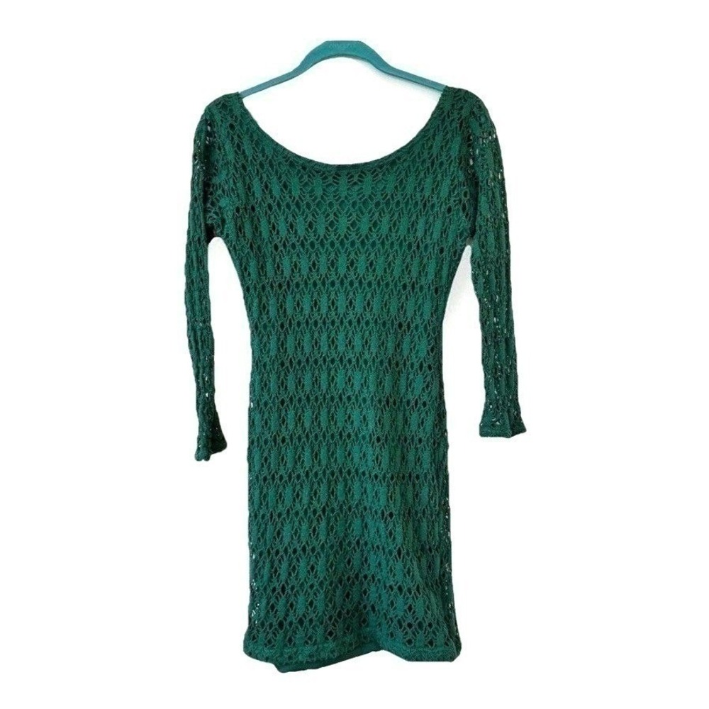 Vintage 90s Top Style Mini Dress Emerald Green Crochet Knit L Bodycon Indie Boho